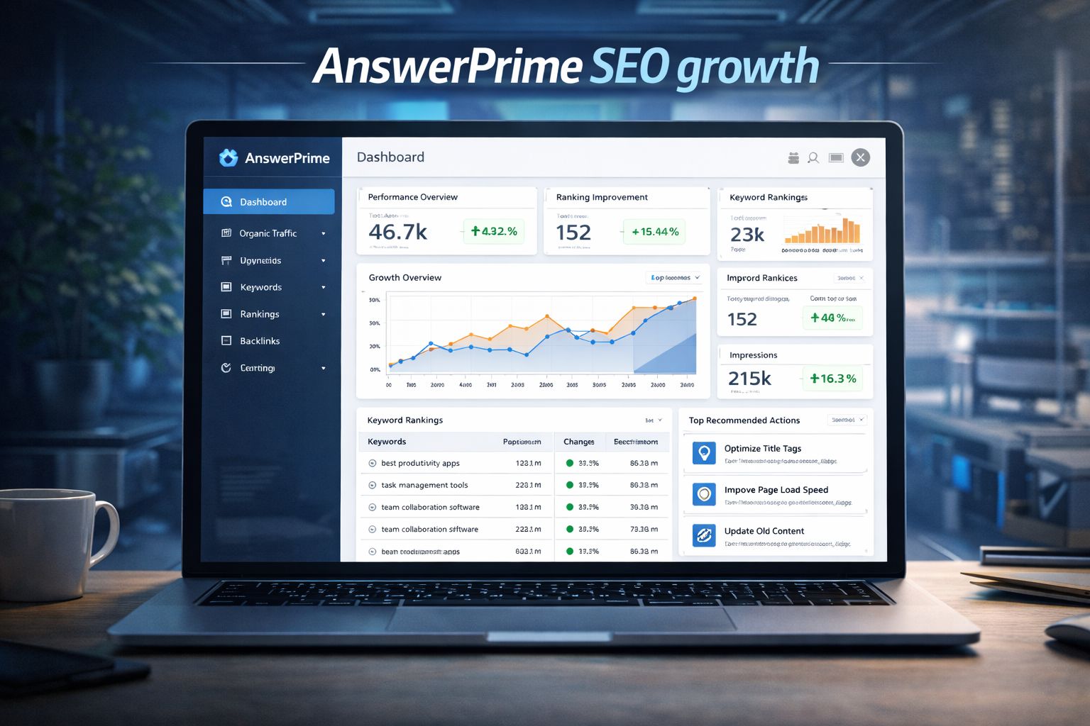 AnswerPrime dashboard showing SEO analytics, keyword rankings, and online growth tools for businesses