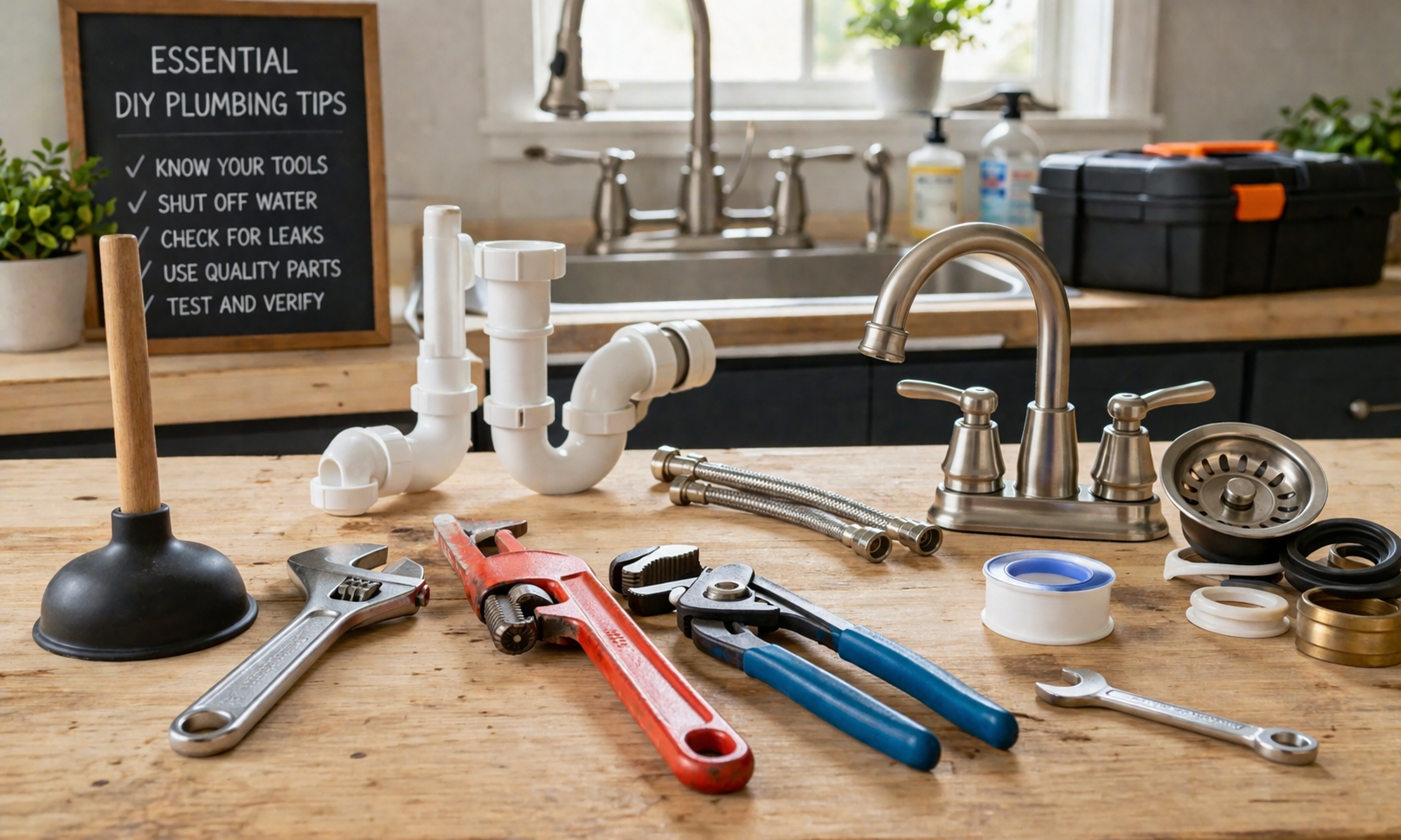 Hands using wrench to fix a leaking tap at home with tools on kitchen counter -blognestpro/