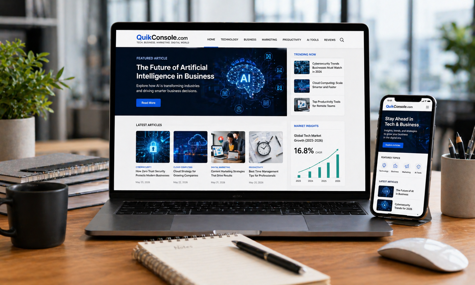 QuikConsole.com digital media platform dashboard showing tech and business content