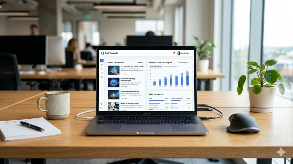 QuikConsole.com digital media platform dashboard showing tech and business content