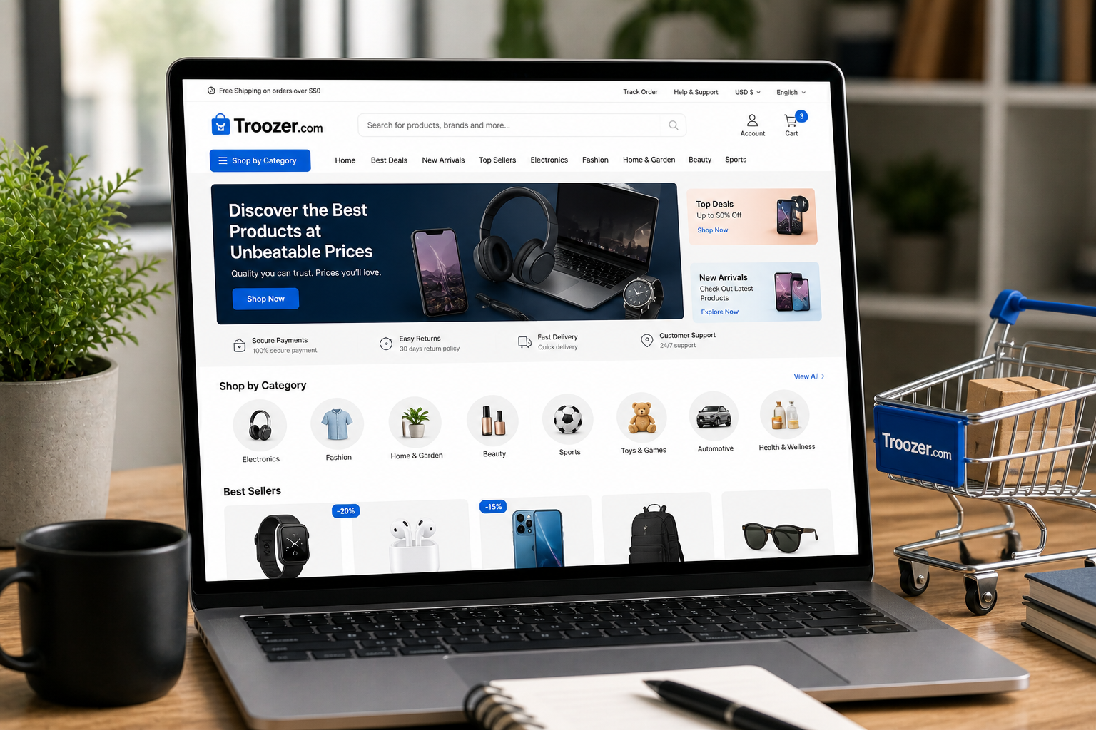 Troozer com online shopping platform interface showing user-friendly features and product catalog