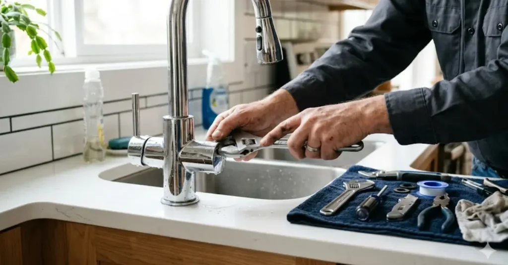 Hands using wrench to fix a leaking tap at home with tools on kitchen counter -blognestpro/